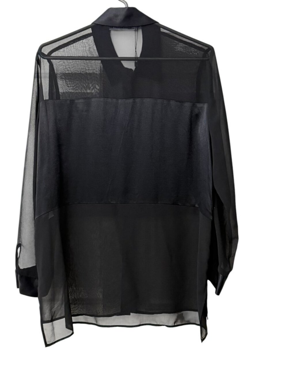 NWOT Zara Woman Mixed Media Semi-Sheer Satin Panel Button Up Long Sleeve Black M - Picture 3 of 15